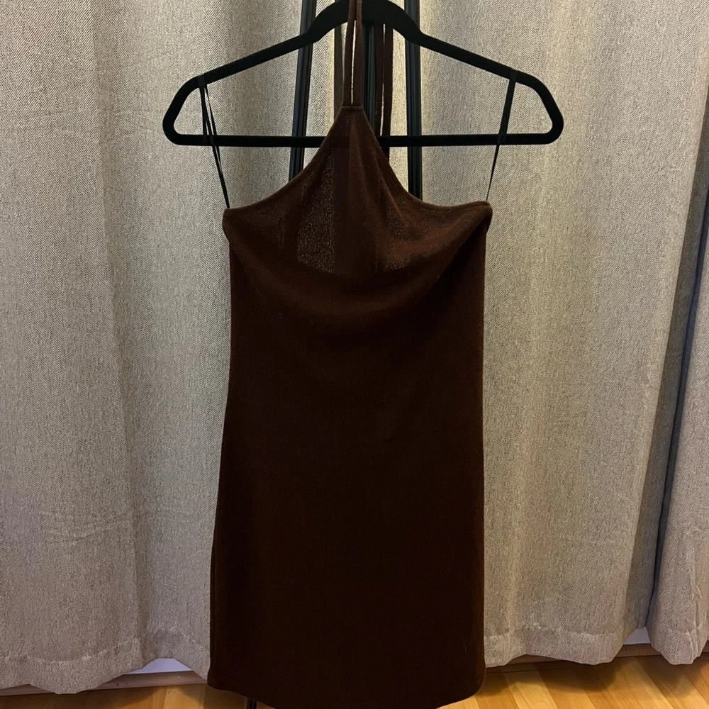 H&M Brown Mini Beaded Halter Vacation Dress - Size Medium - Picture 2 of 6